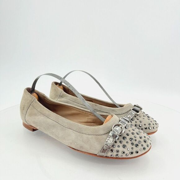 AGL Italy Monika Ballet Flat Size 36.5 6.5 beige silver  studded Leather Comfy - Picture 1 of 14